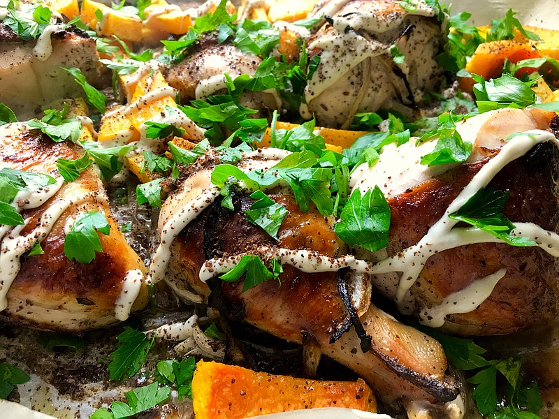 Sumac Chicken With Butternut Squash, Red Onion and Tahini-Yogurt Sauce (Arkansas Democrat-Gazette/Kelly Brant)